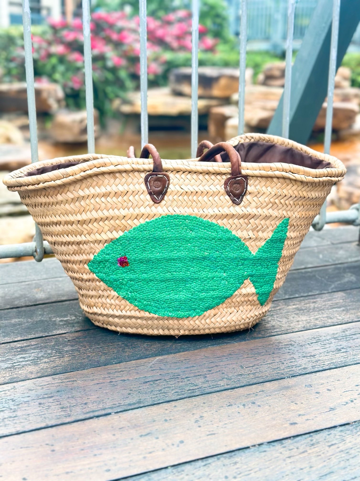 Green Fish Straw Moroccan Beach Tote-0