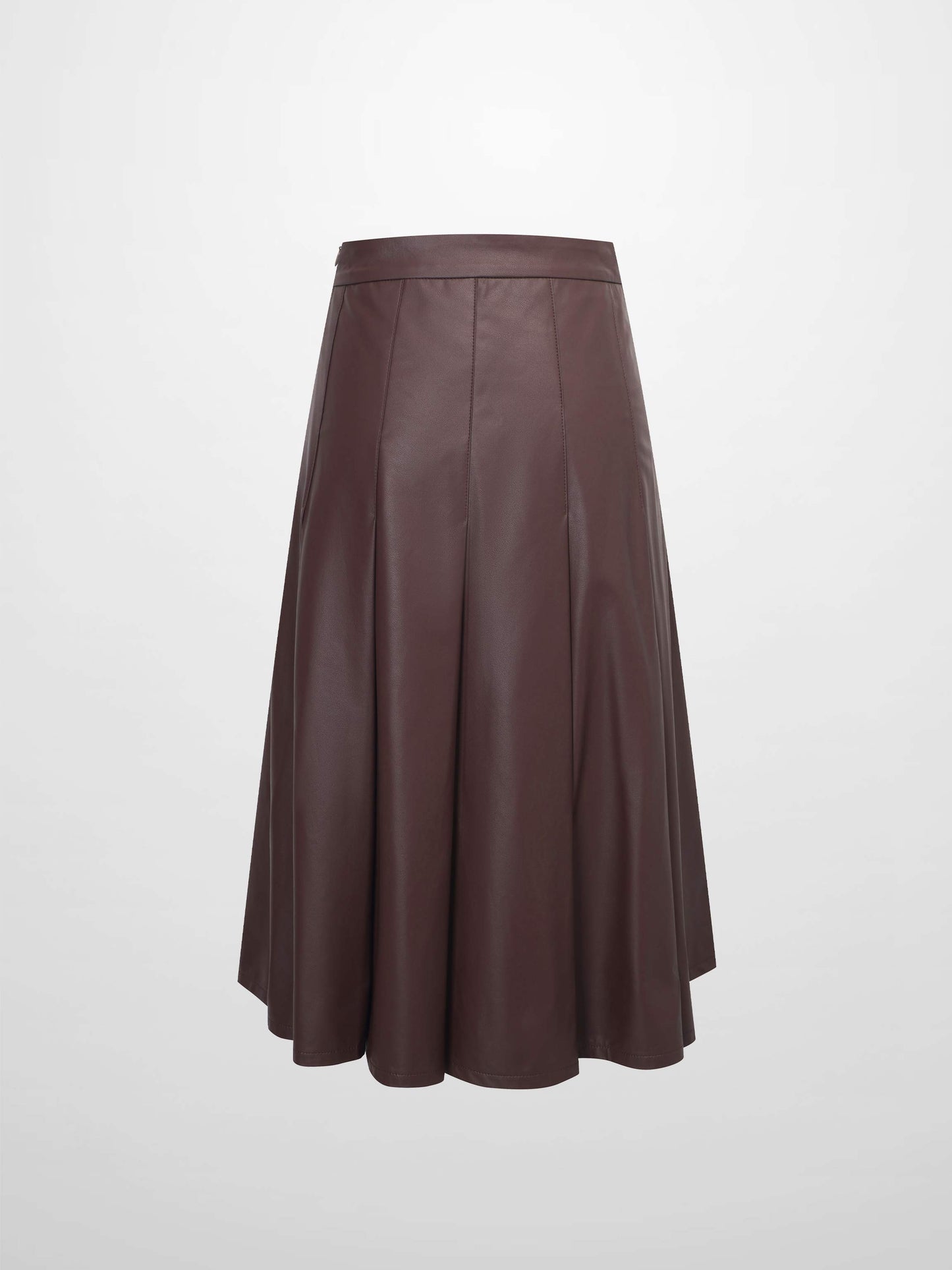 Faux Leather Stitch Down Pleated Skirt-Brown-2