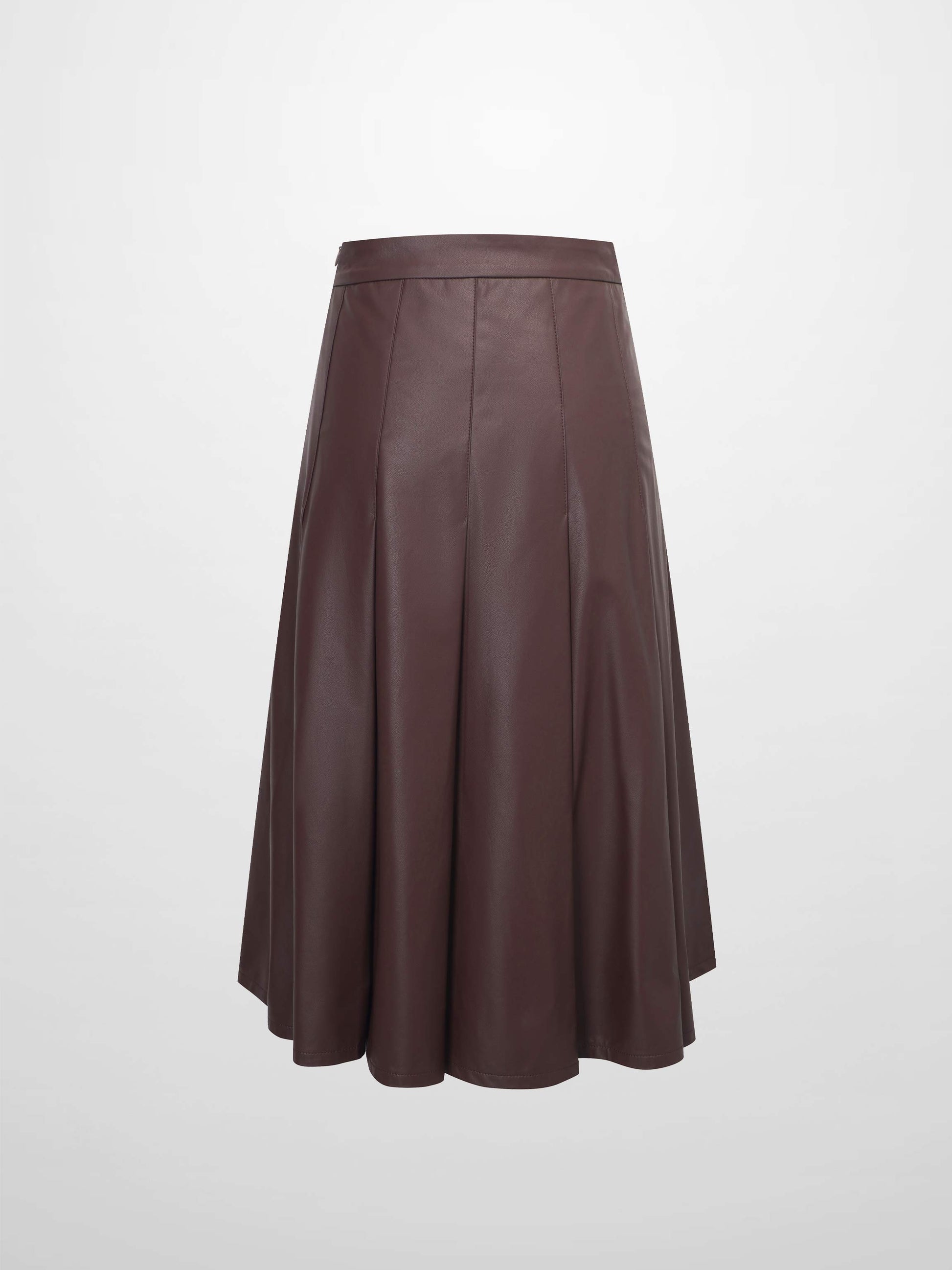 Faux Leather Stitch Down Pleated Skirt-Brown-2