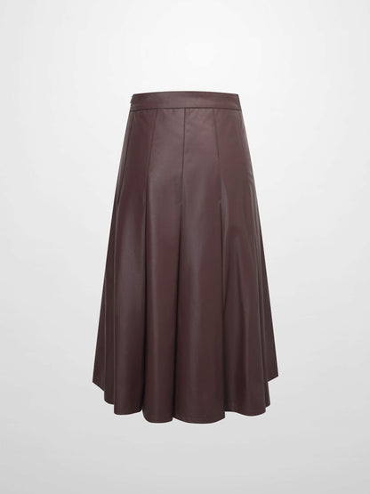 Faux Leather Stitch Down Pleated Skirt-Brown-2