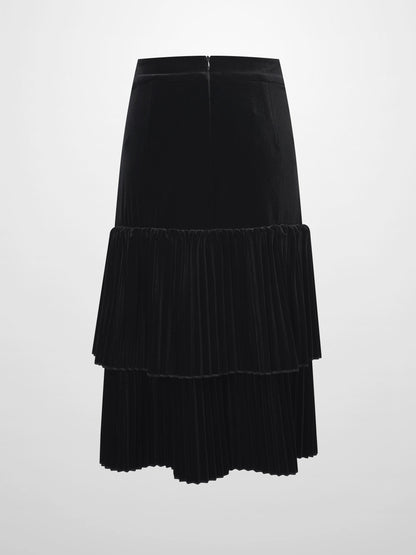 Double Layer Pleated Bottom Velvet Skirt-Black-1