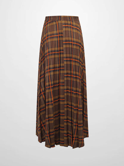 Covered Band Pleated Skirt-Brown/Orange Plaid-2