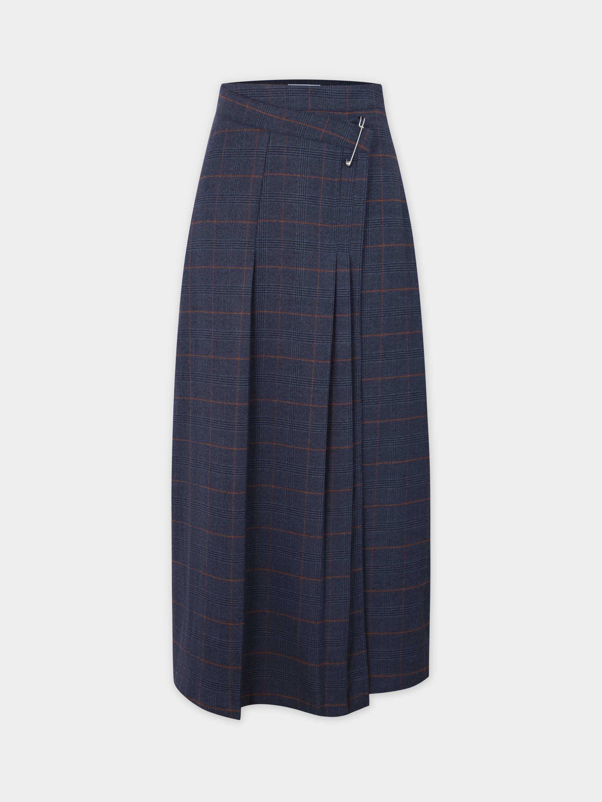 Pin Closure Wrap Skirt-Blue Plaid-1