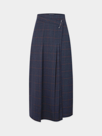 Pin Closure Wrap Skirt-Blue Plaid-1