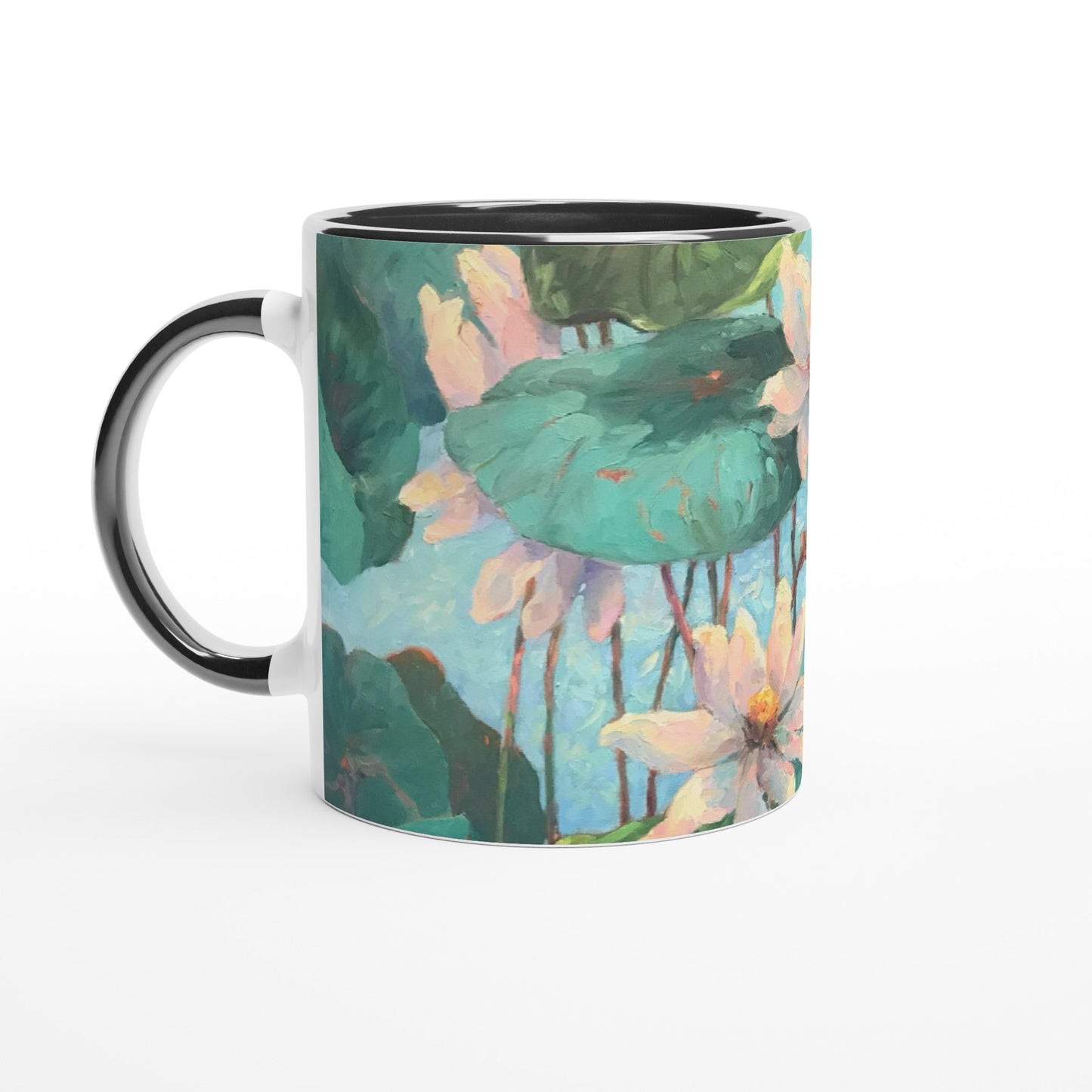 11oz White Ceramic Mug with Color Inside | Coffee Cup with 'Lily Pads' Floral Artwork by American Artist Barbara Cleary-4