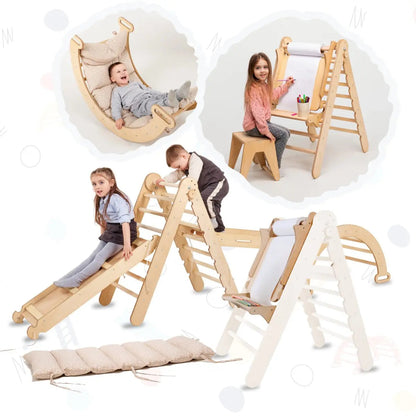 6in1 Montessori Climbing Set: Triangle Ladder + Arch/Rocker + Slide/Ramp + Net + Cushion + Art Addition-0