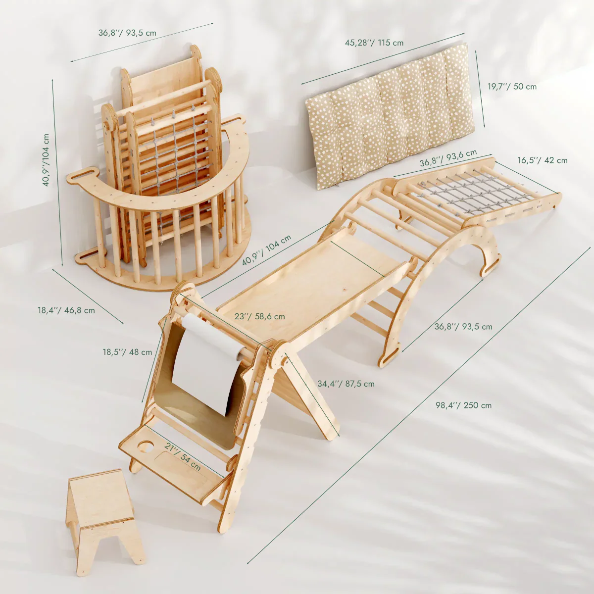 6in1 Montessori Climbing Set: Triangle Ladder + Arch/Rocker + Slide/Ramp + Net + Cushion + Art Addition-1