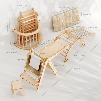 6in1 Montessori Climbing Set: Triangle Ladder + Arch/Rocker + Slide/Ramp + Net + Cushion + Art Addition-1