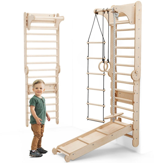 6in1 Wooden Swedish Wall / Climbing ladder for Children + Swing Set + Slide Board-0