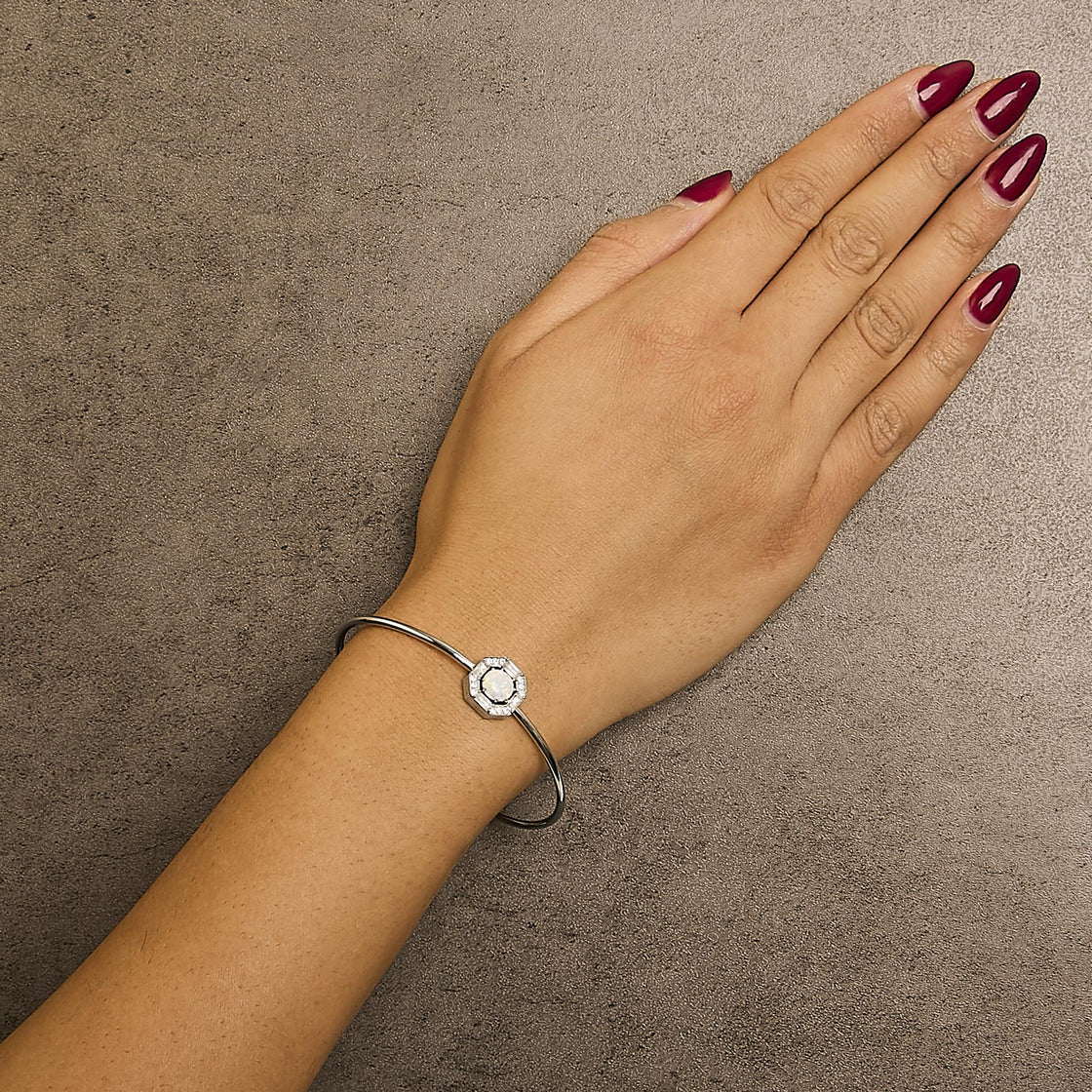 .925 Sterling Silver 7X7MM Created Opal and White Sapphire Halo Bangle Bracelet - 7 Inches-3
