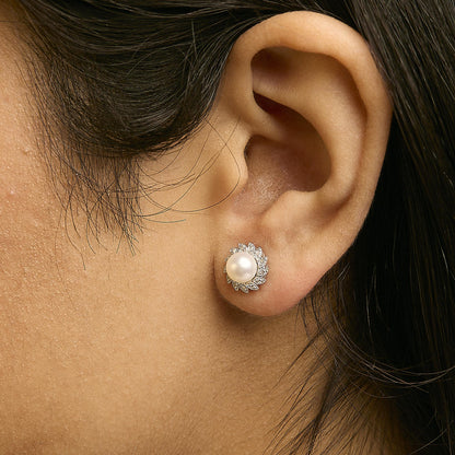 10K White Gold Heirloom-Style Pearl and Diamond Accent Halo Stud Earrings (I-J color, I1-I2 Clarity)-3