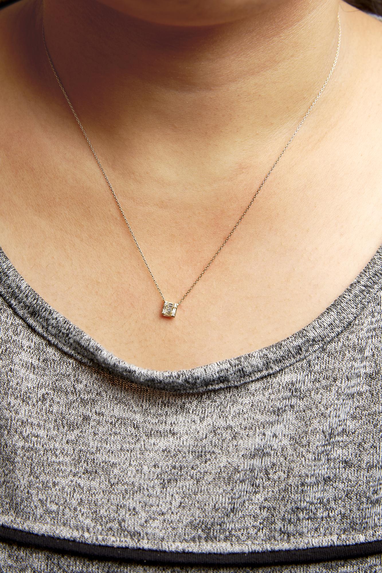10K Yellow Gold 1/10 Cttw Round and Baguette Diamond Mosaic Composite Square 18" Inch Pendant Necklace (H-I Color, I1-I2 Clarity)-3