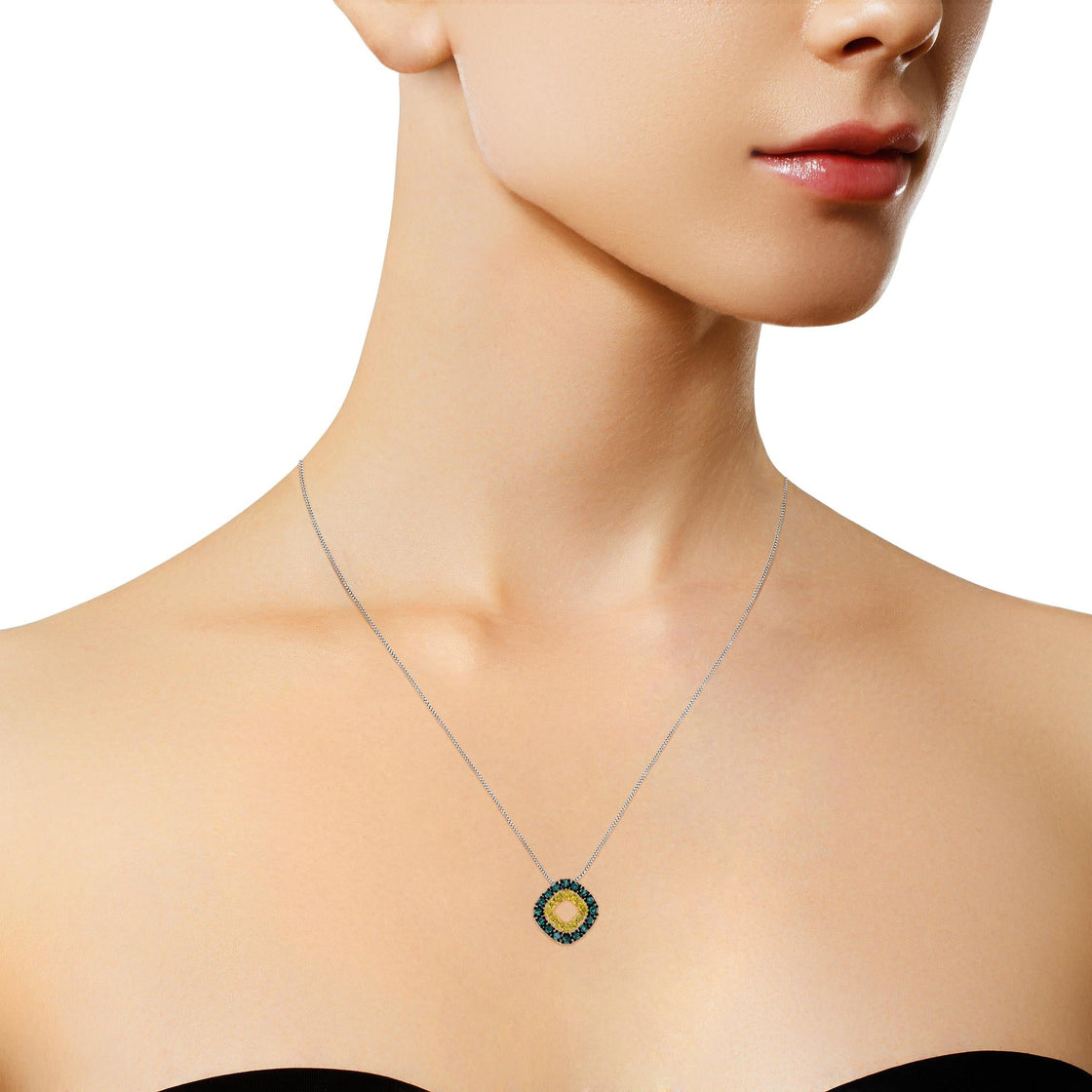 .925 Sterling Silver 1/2 Cttw Treated Blue and Yellow Diamond Double Square 18" Pendant Necklace (Blue/Yellow Color, I2-I3 Clarity)-3