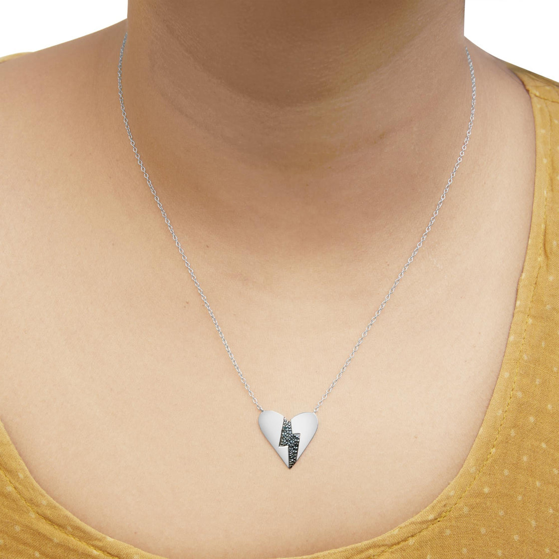 .925 Sterling Silver Blue Diamond Broken Heart Pendant Necklace (H-I Color, I1-I2 Clarity) - 18" Inches-3