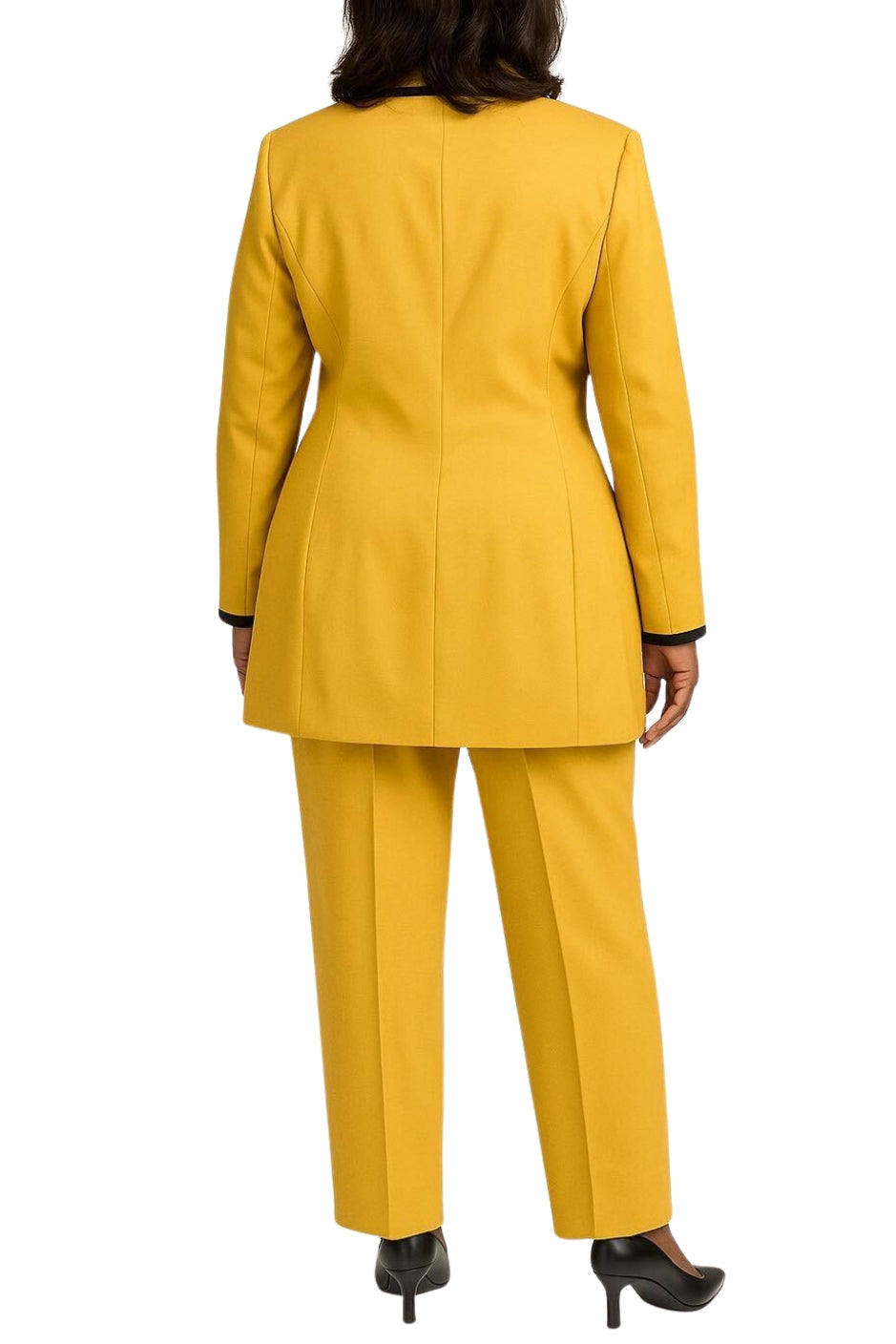 John Meyer Collection Mustard Pointed Contrast Trim Neckline Chest Hip Pockets Long Sleeves Blazer Straight-Leg Trousers Pantsuits-1