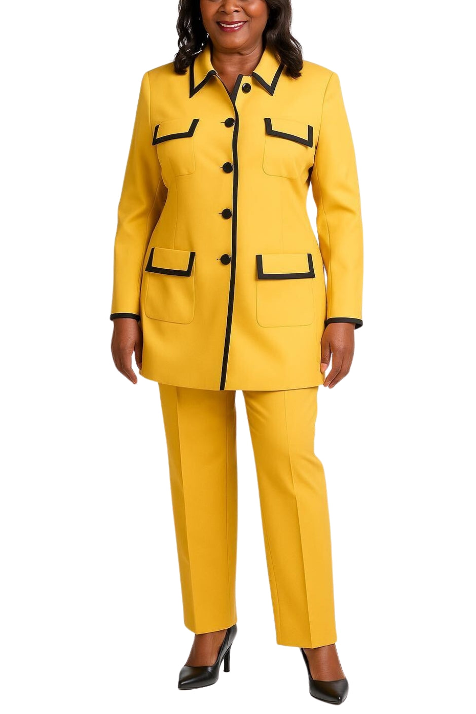 John Meyer Collection Mustard Pointed Contrast Trim Neckline Chest Hip Pockets Long Sleeves Blazer Straight-Leg Trousers Pantsuits-0