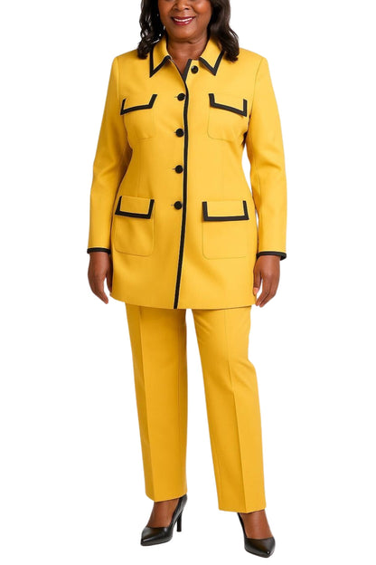 John Meyer Collection Mustard Pointed Contrast Trim Neckline Chest Hip Pockets Long Sleeves Blazer Straight-Leg Trousers Pantsuits-0