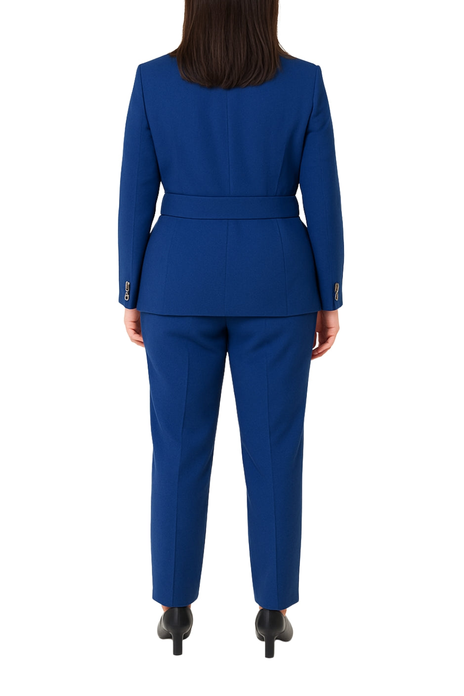 John Meyer Collection Notched Lapel Collar Belted Blazer Suit Straight Slim Trousers Blue Tailored Pantsuits-1