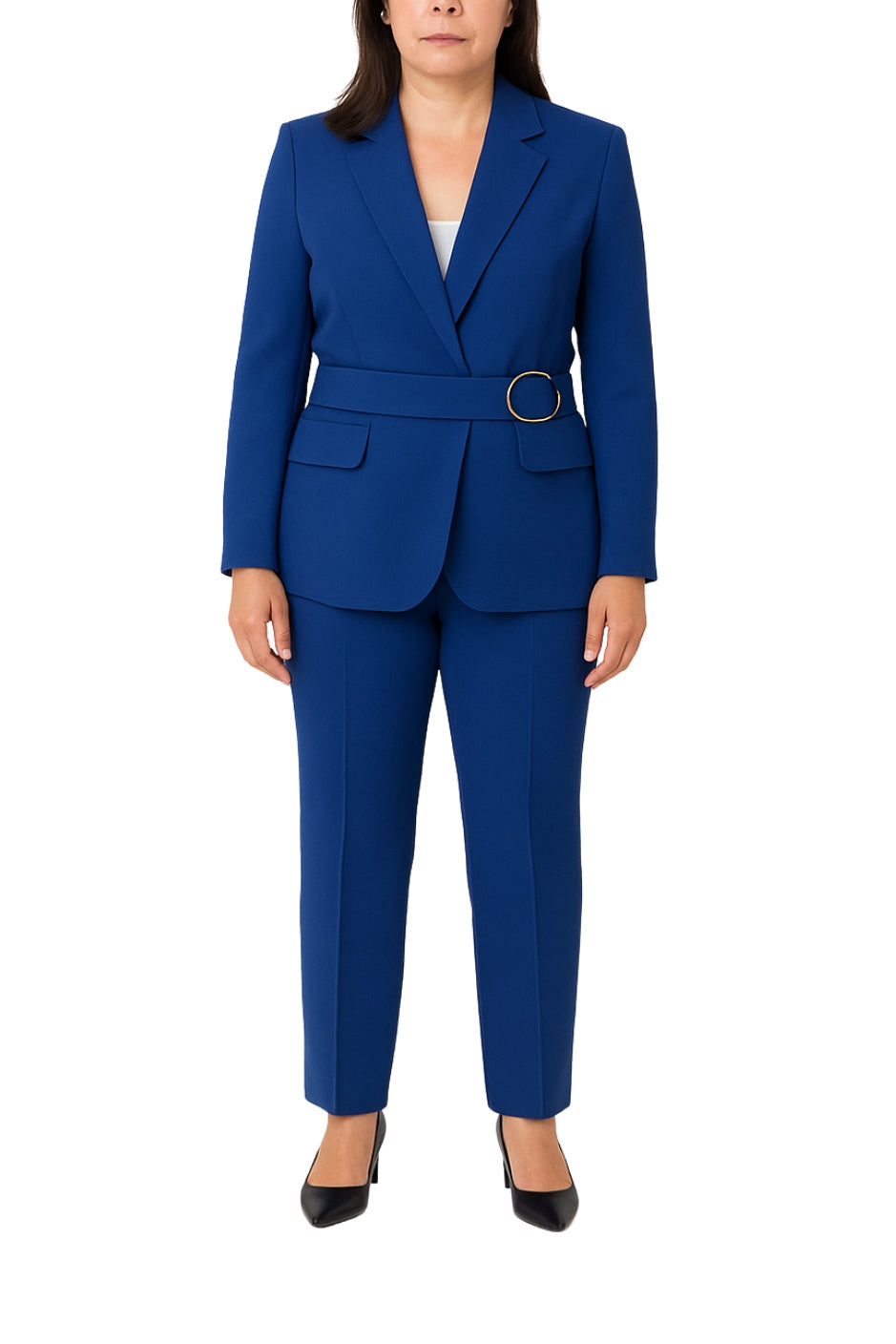 John Meyer Collection Notched Lapel Collar Belted Blazer Suit Straight Slim Trousers Blue Tailored Pantsuits-0