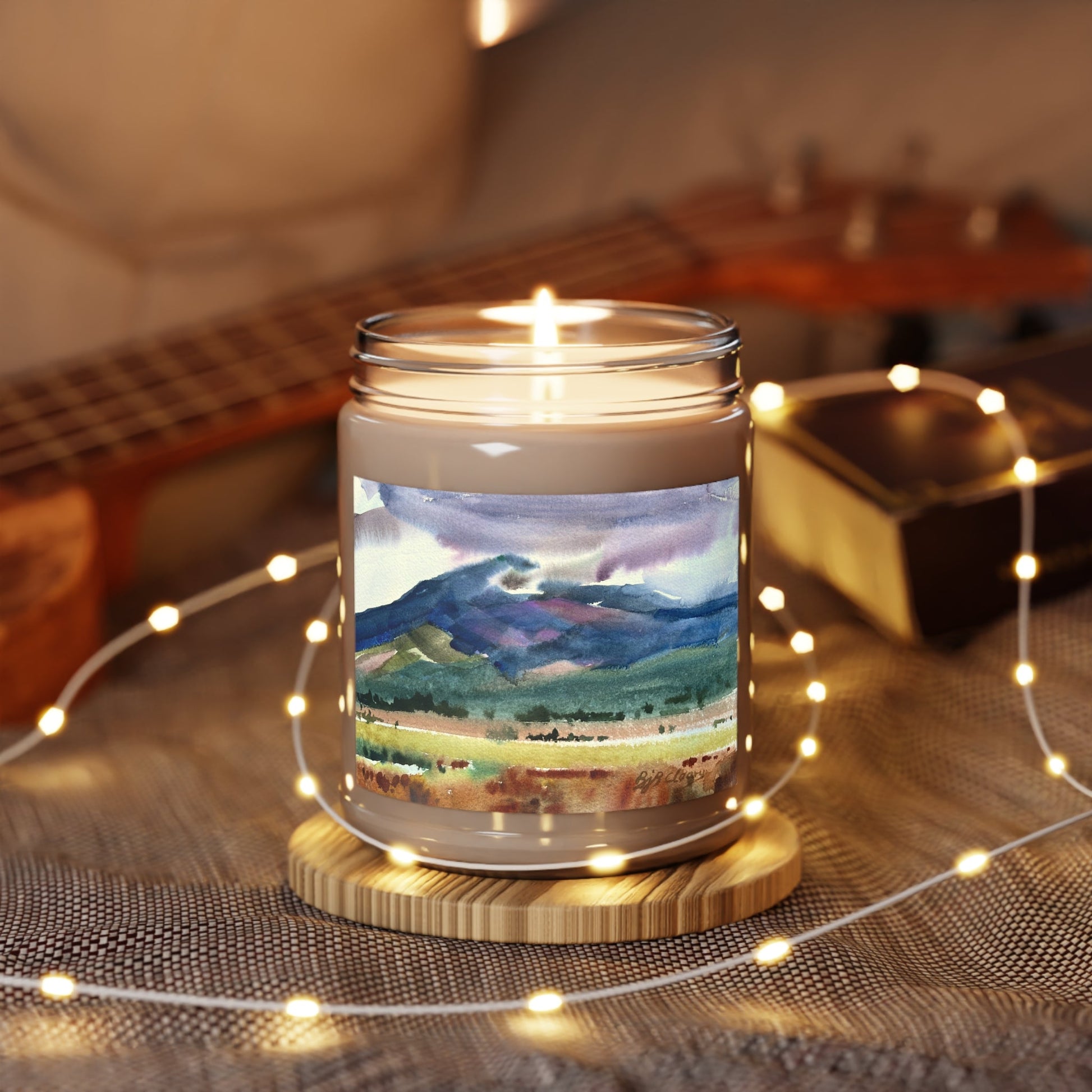 9oz Eco-Friendly Scented or Unscented Soy Wax Candle Jar with 'Tranquil Mountain View 2' Artwork by American Artist Barbara Cleary-3
