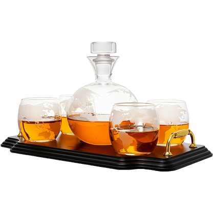 Etched World Map Globe Whiskey Decanter Set 750ml With 4 10oz Map Glasses 13" H x 13" L by The Wine Savant - Traveler Gifts, Home Bar, Whiskey Gifts, Cartography, Geography Gifts, Cosmopolitan Gifts-0