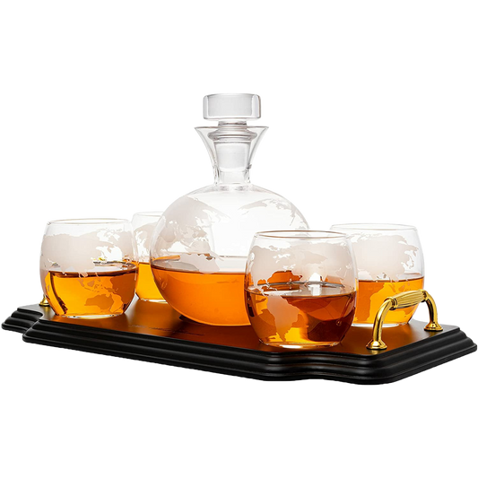 Etched World Map Globe Whiskey Decanter Set 750ml With 4 10oz Map Glasses 13" H x 13" L by The Wine Savant - Traveler Gifts, Home Bar, Whiskey Gifts, Cartography, Geography Gifts, Cosmopolitan Gifts-0