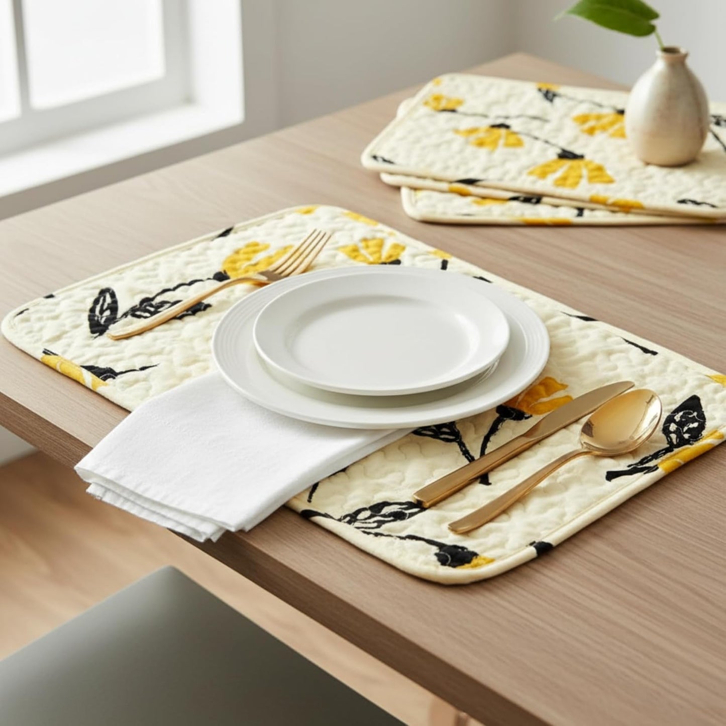 DaDa Bedding Botanical Floral Dining Table Placemats - Set of 4-Pieces Quilted Ivory with Yellow Fleur Golden Orange Spring Time Tulips - 13 x 19-3