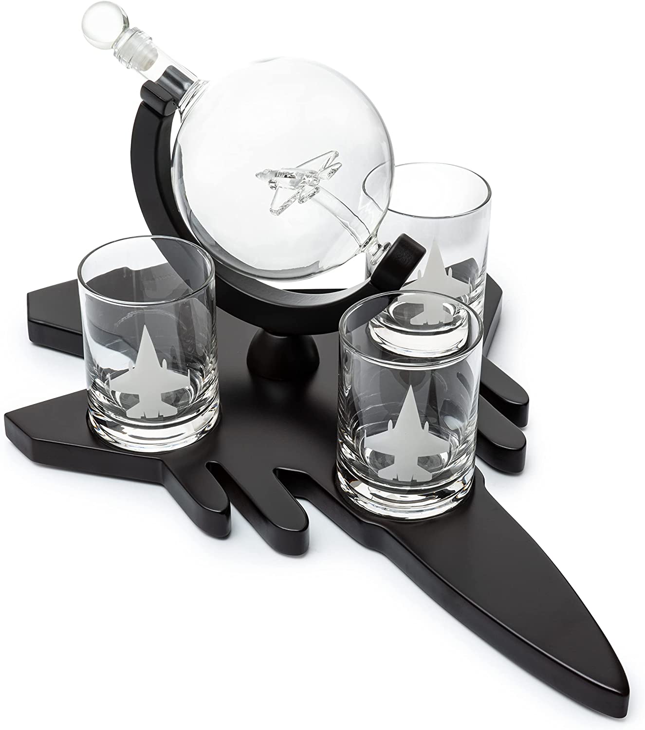 Fighter Jet Wine & Whiskey Decanter Set F16, F15, F18, F22 with 3 Glasses by The Wine Savant - Bourbon, Scotch, Vodka, Pilot, Aviation Gifts, Airplane Figurine, Military Veteran Gifts, Airplane Gifts-3
