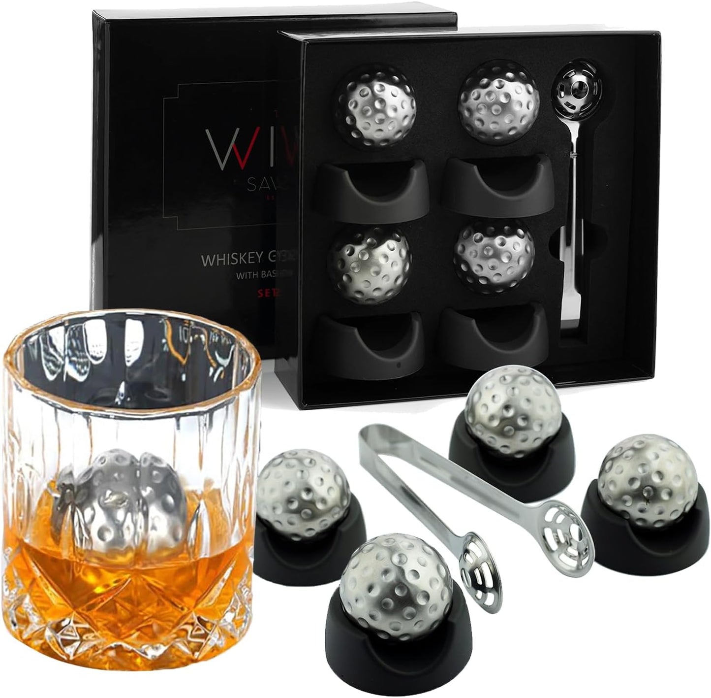 Golf Ball Shaped Stainless Steel Whiskey Stones, Whiskey Rocks, by The Wine Savant Great for Parties or for Bar Use, 4 Stones Rocks Cubes for Whiskey, Bourbon Vodka, Scotch, Metal Chillers Golf Gift-0