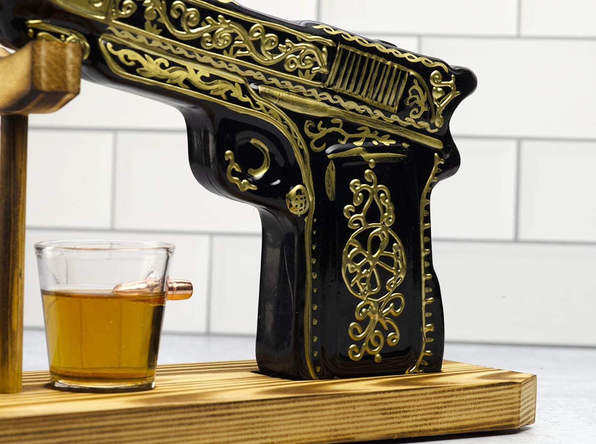 Hand Painted Pistol Whiskey & Wine Decanter by The Wine Savant - Pistol Whiskey Gun Decanter & 2 Bullet Shot Glasses - Military Gifts, Veteran Gifts, Law Enforcement Gifts, Home Bar Gifts, Drinking-2