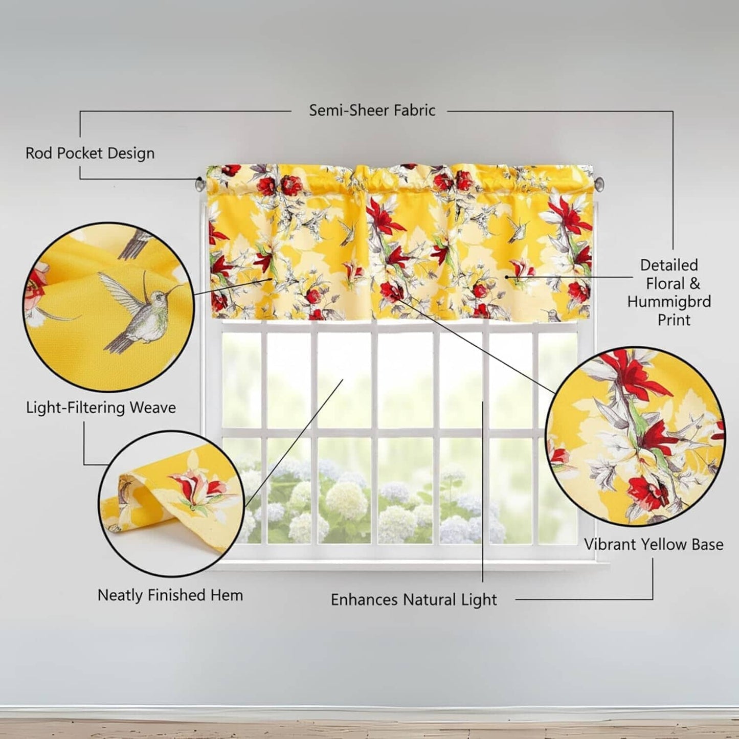 DaDa Bedding Floral Sunshine Yellow Hummingbirds Window Curtain Valance - 18" x 52" (JHW-925)-1