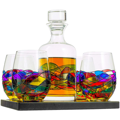Artisanal Hand Painted Glassware Gift for Mom, Wife, Friend - Artisanal Barcelona Hand Painted Whiskey & Wine Decanter Set, Rennesance Romantic Stain-glassed Windows Glasses - Mothers Day-1