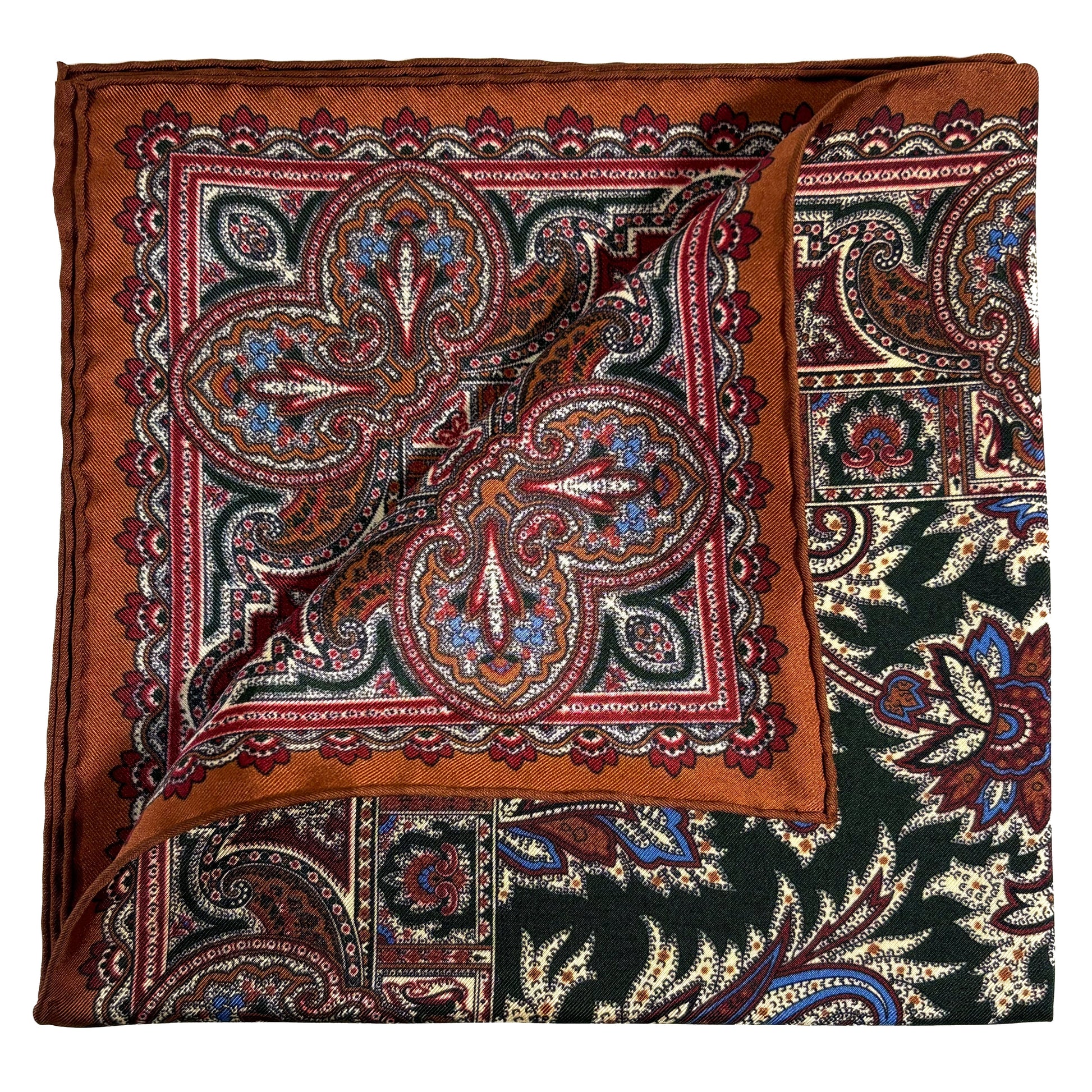 Forest Green & Brown Floral Motif Ancient Madder Silk Pocket Square-2