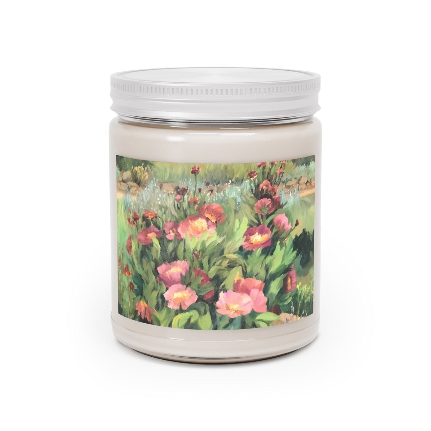 9oz Eco-Friendly Scented or Unscented Soy Wax Candle Jar with 'Pink Blooms' Floral Artwork by American Artist Barbara Cleary-0