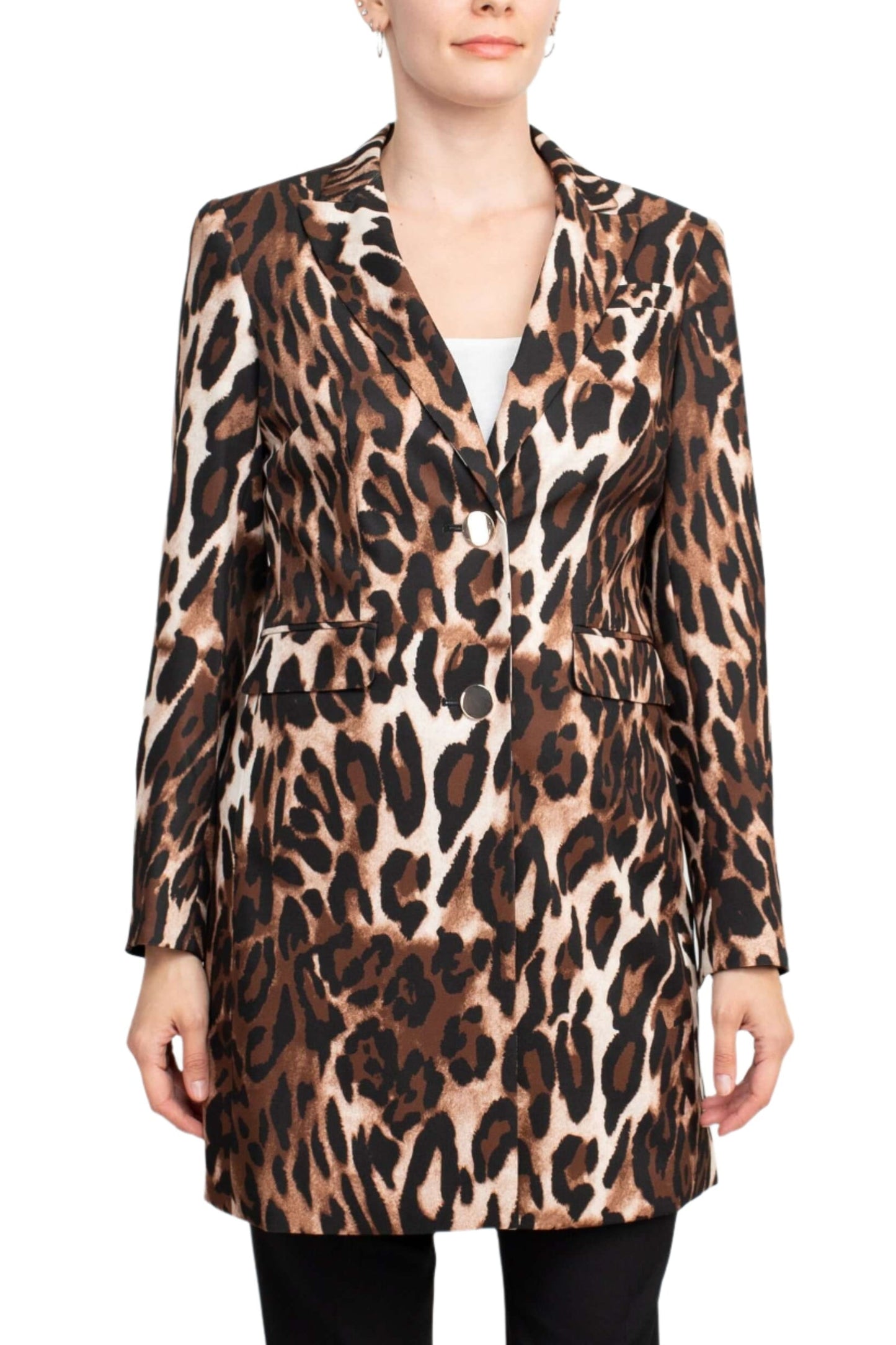 John Meyer Collection Notched Collar Long Sleeve Long Jacket Leopard Print Two Button Pockets Zipper Closure Pants Stretch Crepe Pant Set-1