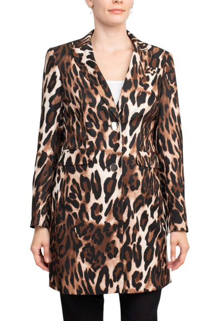 John Meyer Collection Notched Collar Long Sleeve Long Jacket Leopard Print Two Button Pockets Zipper Closure Pants Stretch Crepe Pant Set-1