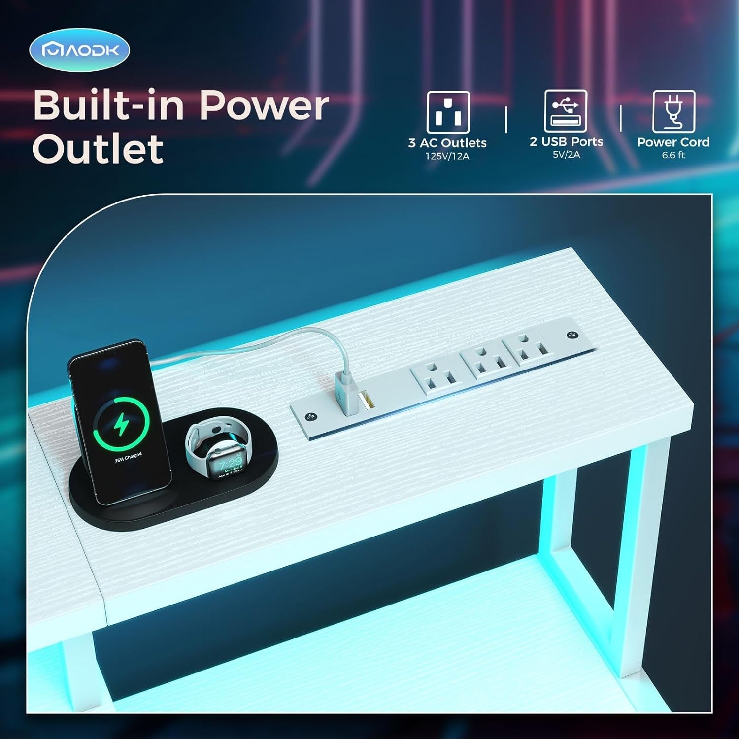 Computer Desk, 48 Inch Gaming Desk with Led Lights & Power Outlet, Office Desk with Printer Storage Shelves, Reversible Desk with Monitor Shelf & Headphone Hook, White-3