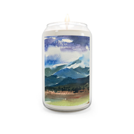 13.75oz Eco-Friendly Scented or Unscented Soy Wax Candle Jar with 'Tranquil Mountain View 3' Landscape Watercolor Artwork by American Artist Barbara Cleary-0