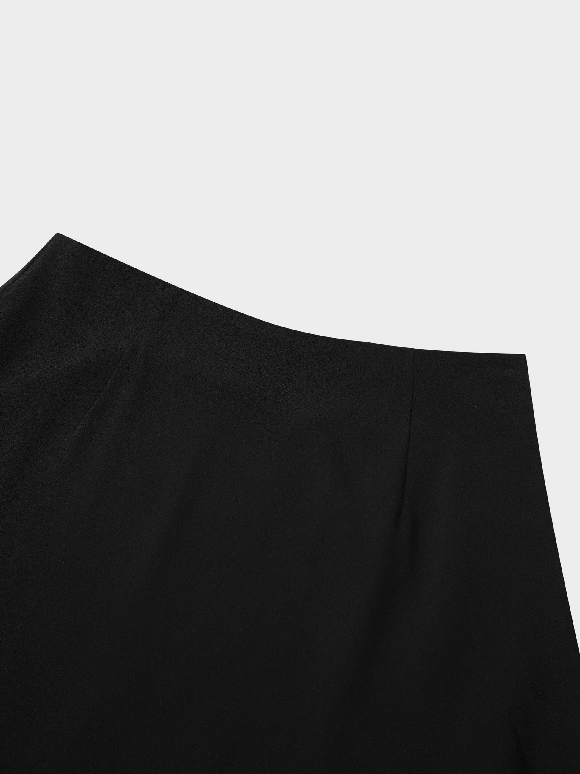 Faux Satin Bottom Flare Skirt-Black-4