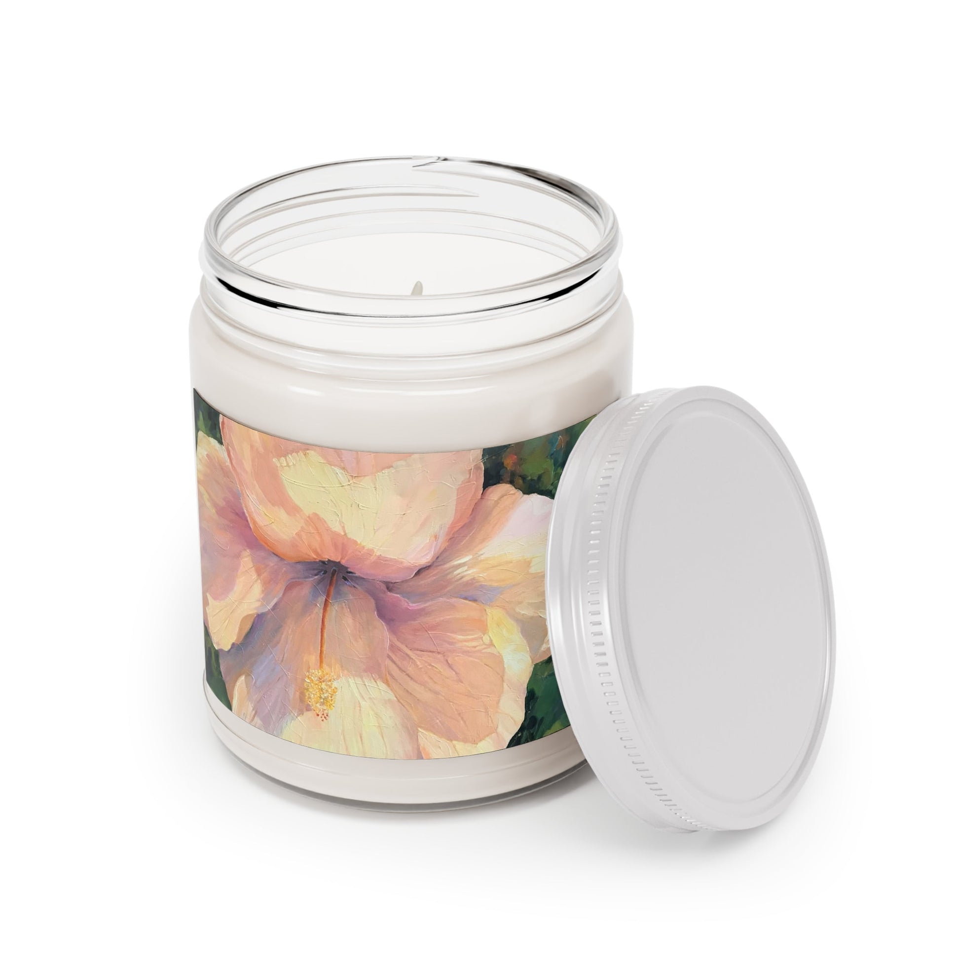 9oz Eco-Friendly Scented or Unscented Soy Wax Candle Jar  with 'Hibiscus' Floral Artwork by American Artist Barbara Cleary-3