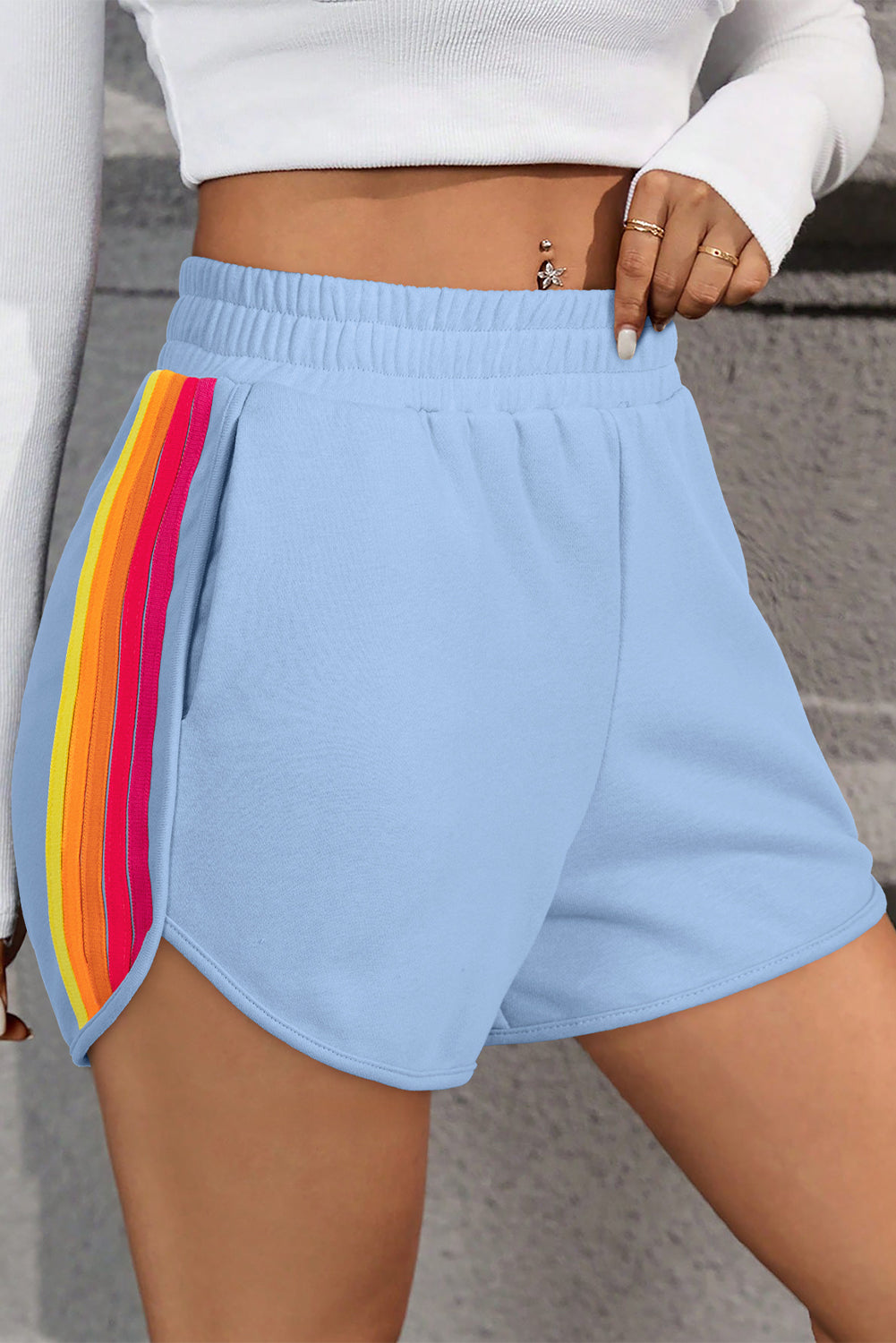April Color Stripes Elastic High Waist Active Shorts-0