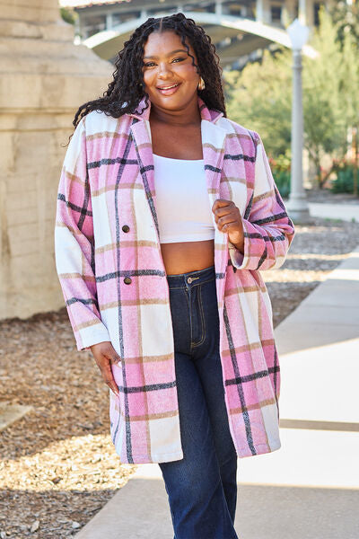 Double Take Full Size Plaid Button Up Lapel Collar Coat-3