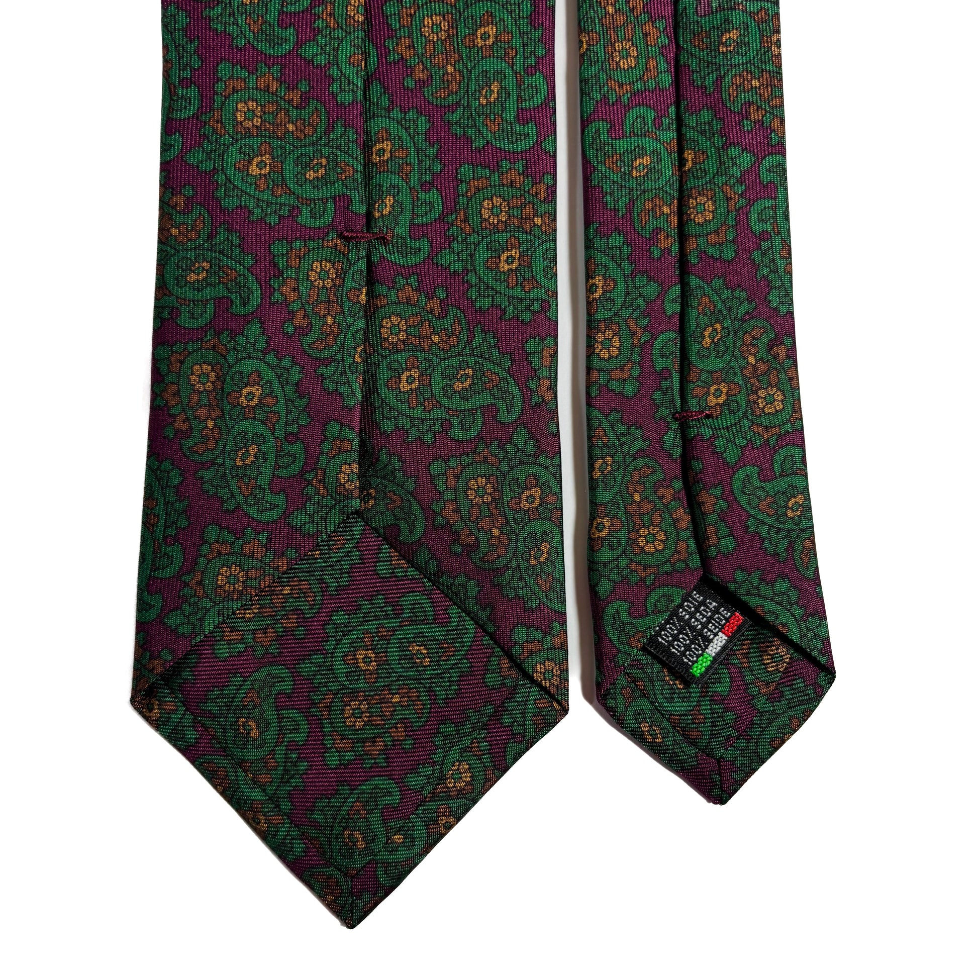 Hand-Printed Wine Red & Green Paisley Ancient Madder Silk Tie-3
