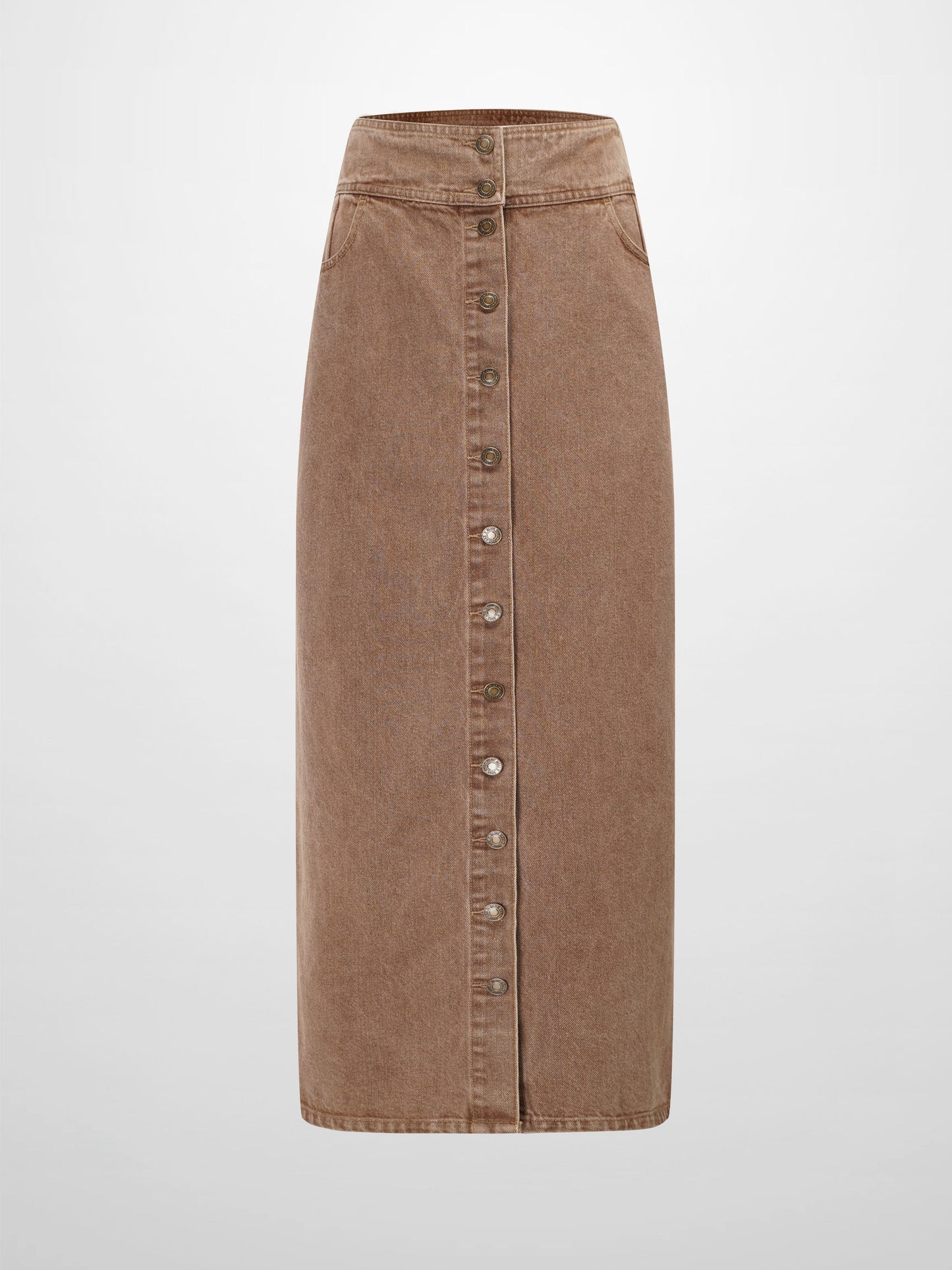 Button Down Denim Skirt-Brown-0