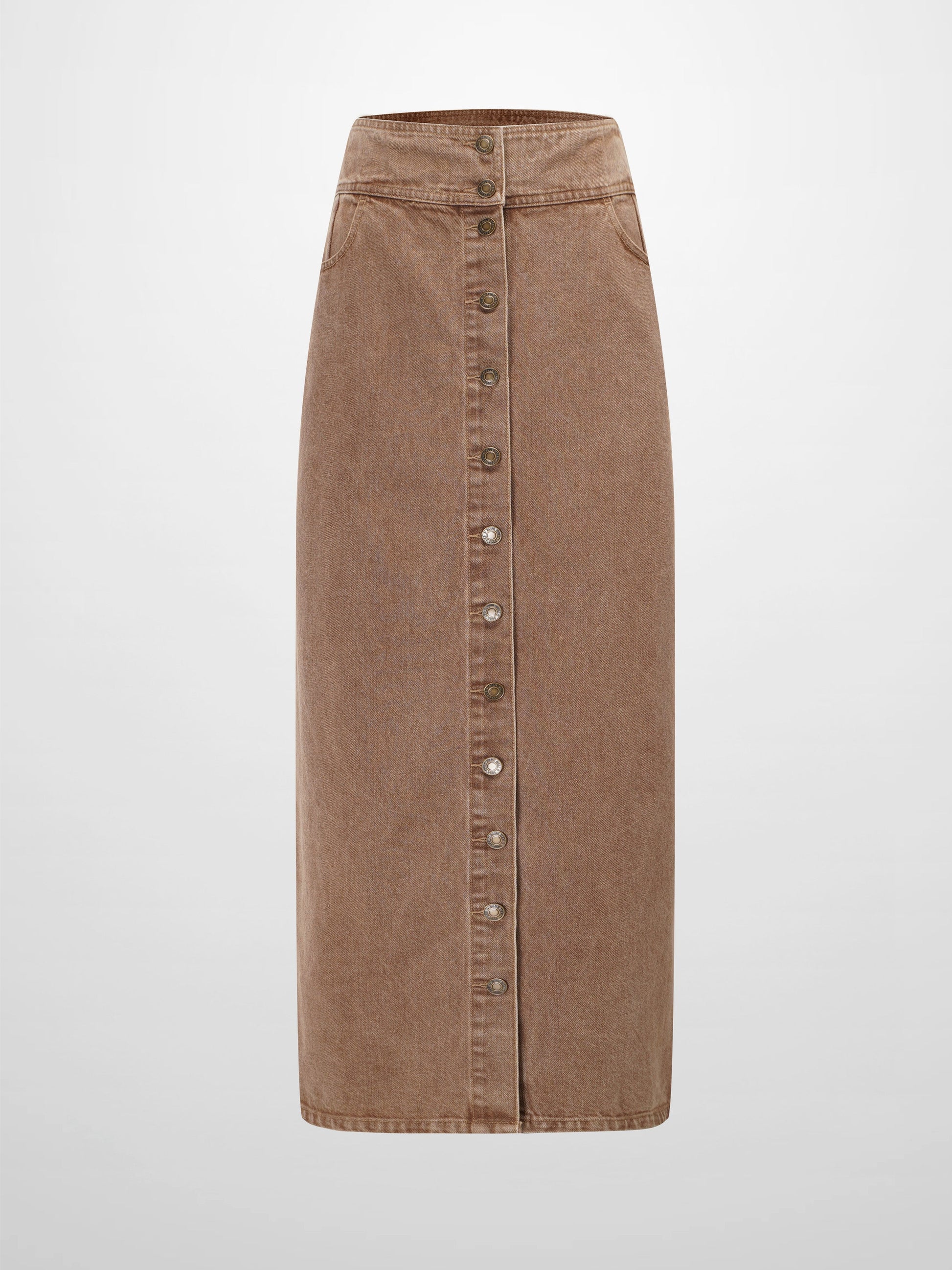 Button Down Denim Skirt-Brown-0