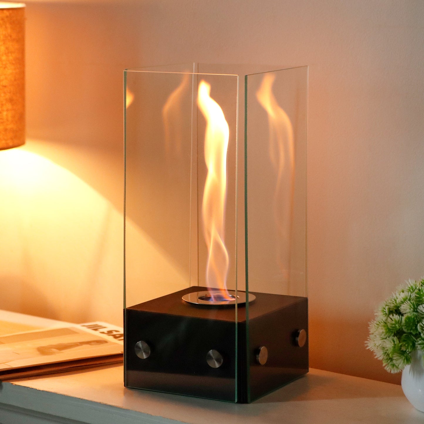 JHY DESIGN Rectangular Glass Tabletop Firepit 35cm H – Portable, Bio Ethanol, Ventless, Rotating Flame, Indoor/Outdoor-2