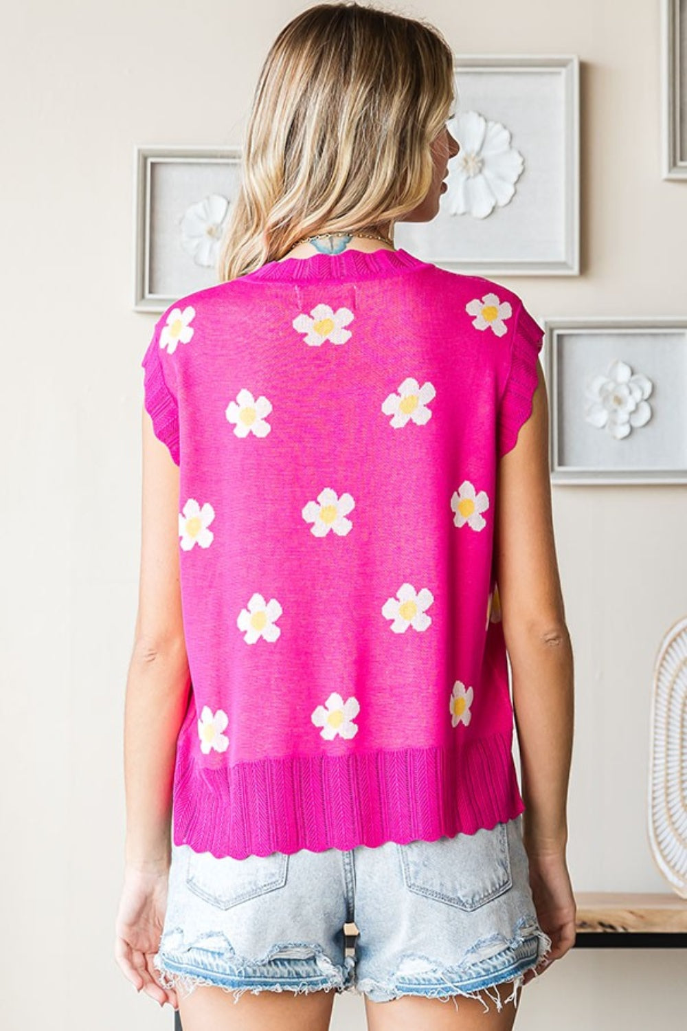 First Love Full Size Flower Pattern Round Neck Sweater Vest-1