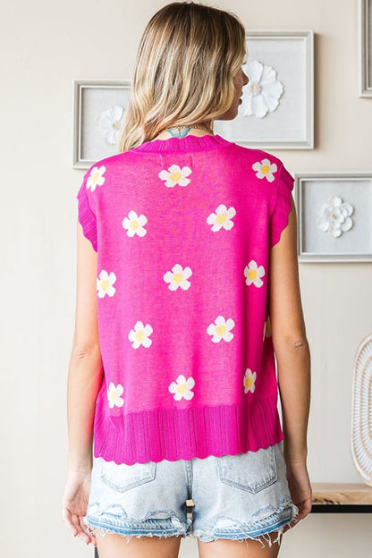 First Love Full Size Flower Pattern Round Neck Sweater Vest-1