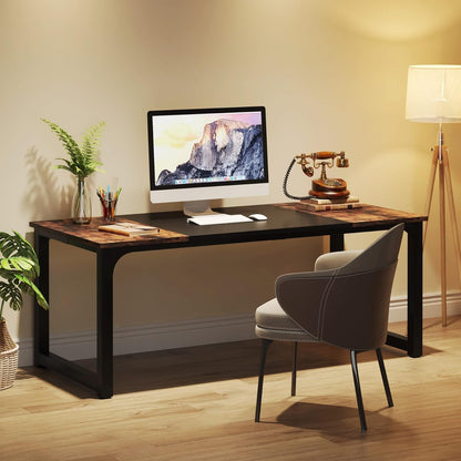 63 Inch Large Executive Computer Office Desk, Brown+Black-1
