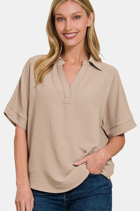 Zenana Texture Collared Neck Short Sleeve Top-0
